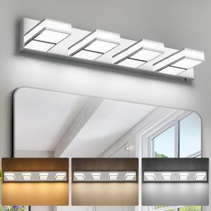 Modern LED 4 Light Bathroom Vanity Lights Over Mirror, 32W Dimmable 3CCT Acrylic Chrome Bathroom Wall Lighting Fixtures with 350 Rotatable Angle, 30 Inch