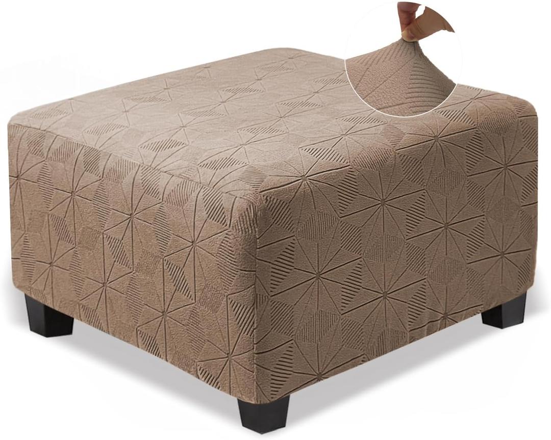 NeColorLife Square Ottoman Cover Large,Stretch Square Ottoman Covers Slipcover,Knitted Jacquard Cover for Storage Stool,Footstool Protection for Living Room,Light Coffee,Large (L Length&Width:35-44",Height:14-20")