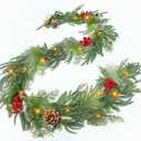 Prelit & Timer - 6FT Christmas Garland with Lights, Real Touch Norfolk Pine Garland Green Cedar Garlands Pine Needle Cypress Leaves Pinecone Red Berries Lighted Garland for Fireplace Table Xmas Decor