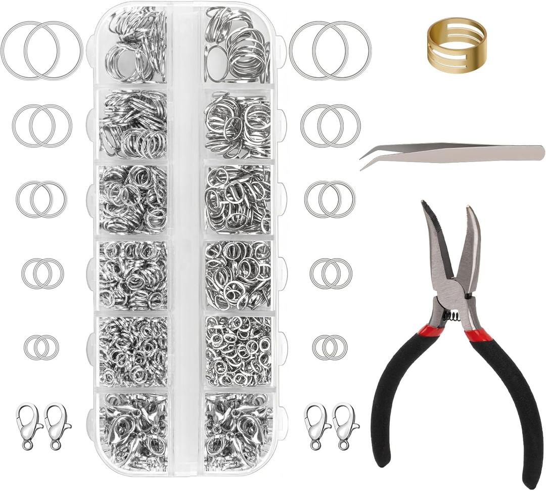 Amrules 1200 Pcs Jump Rings, Jewelry Making Kit with Open/Close Tools, Pliers, Tweezers, Lobster Clasps, DIY Necklace Repair and Keychain Supplies (Silver)