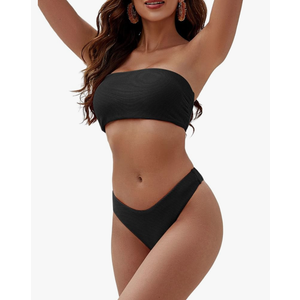 Women Strapless Textured Bandeau Bikini 2 Piece Swimwear Cheeky Solid Lace up Bathing Suits, Size: M
