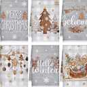 Preboun 6 Pcs Christmas Kitchen Towels Grey Buffalo Plaid Xmas Tree Brown Christmas Dish Hand Kitchen Towels Hello Winter Bathroom Decoration Dish Cloth Tea Cloth (Brown Wood Color)