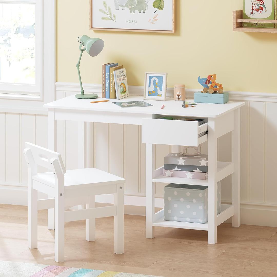 Spirich Kids Desk and Chair Set, Kids Study Desk with Drawer and Shelves, Children Wooden Study Table for 3-8 Years Old, Student Writing Table Computer Workstation, White