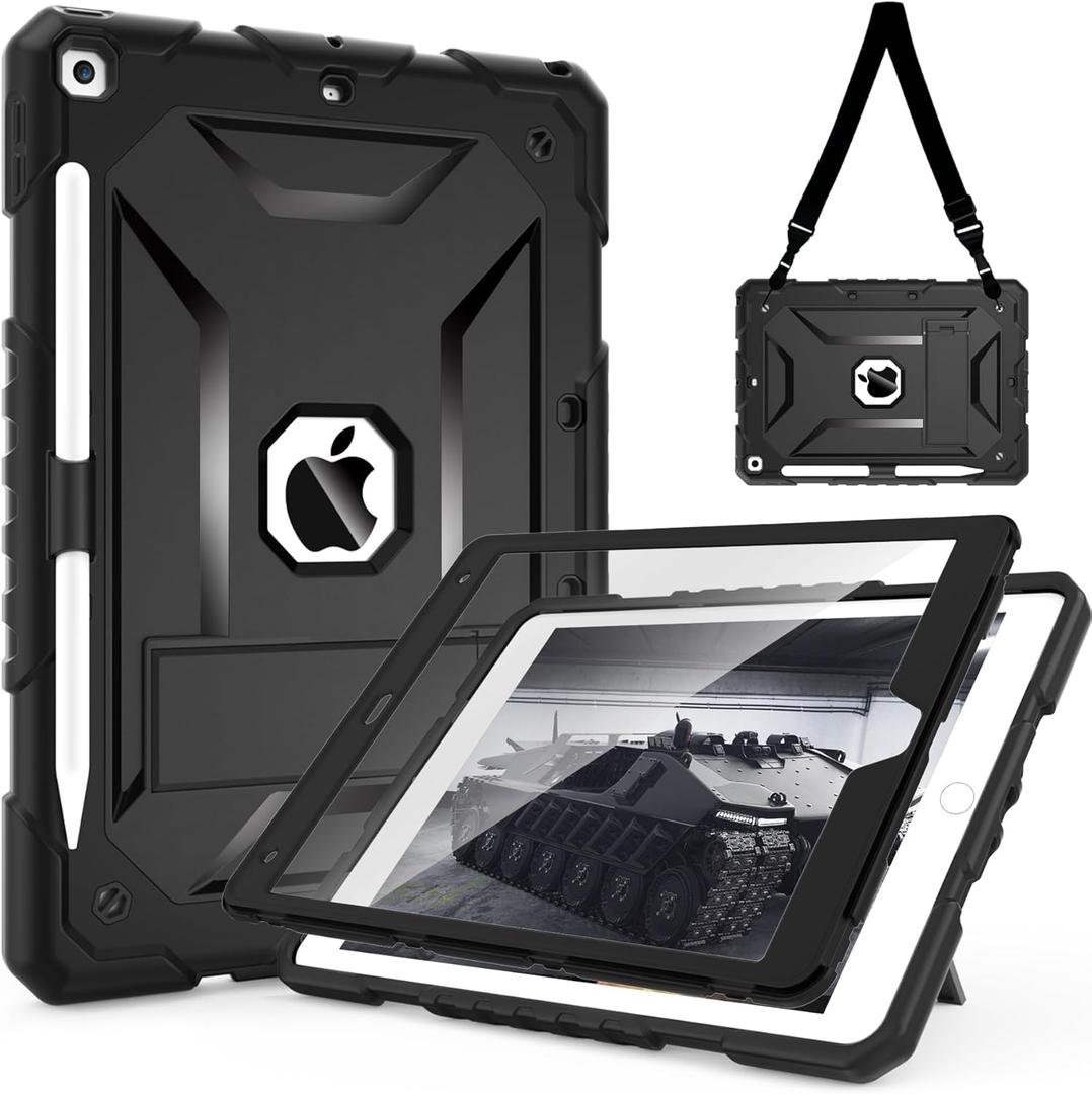 TIMISM Case for iPad 9th/8th/7th Generation(10.2 inch)-Complete Protection with Screen Protector, Shoulder Strap, Kickstand and Pencil Holder, Heavy Duty Shockproof, Black