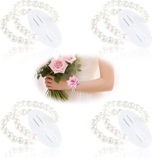 HIONXMGA Corsage Wristlet Band Elastic Pearl Wrist Corsage Bracelets Bands for Women, Stretch Pearl DIY Handmade Prom Flower Supplies Accessories for Wedding Graduation Party