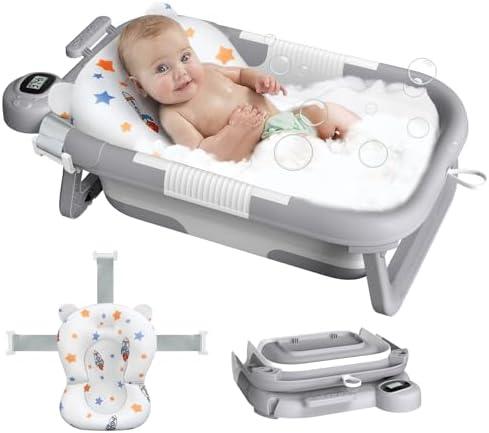 Reeple Collapsible Baby Bath Tub for Newborn to Toddler with Floating Cushion for Bath Support, Portable Baby Bath Tub with Real-Time Temperature Monitor, Baby Bath Essentials, Gray