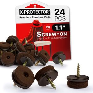 Screw-On Felt Furniture Pads X-Protector 24 PCS - 1.1 Chair Leg Floor Protectors for Hardwood Floors - Premium Chair Glides - Brown Floor Protectors for Chairs - The Best Furniture Sliders!