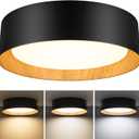 Flush Mount Ceiling Light, 13in 250W Equivalent LED Ceiling Light Fixture, 3CCT Adjustable 3000K 4000K 5000K, Dimmable Black and Wood Modern Ceiling Lamp for Bedroom Bathroom Hallway