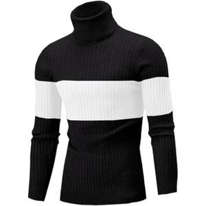 Men's Casual Slim Fit Turtleneck Pullover Sweaters Tops with Twist Patterned, Size M, Black and White