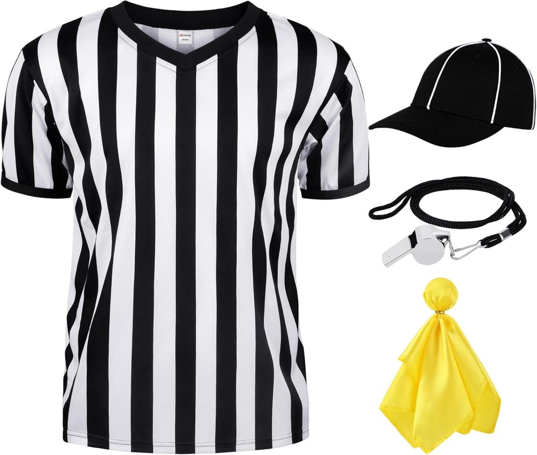 JORHIG 4 Pcs Referee Shirt, Referee Costume Men Women V-Neck Ref Shirt Hat Ref Whistle Penalty Flag for Football Soccer Player Set A, S