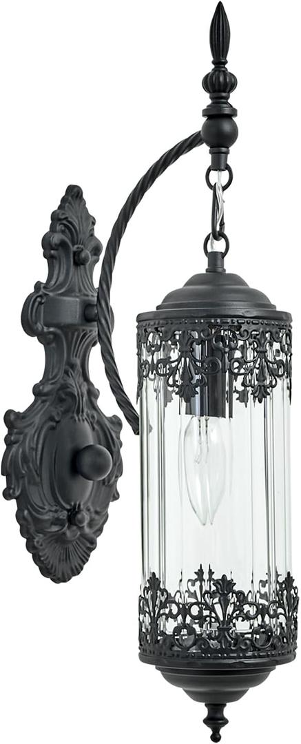 Rustic Glass Wall Sconce Mini Vintage Antique Gothic Wall Light Fixture Retro Farmhouse Mid Century Lantern Wall Sconce for Bedroom, Hallway, Living Room, Mirror, Black, E12