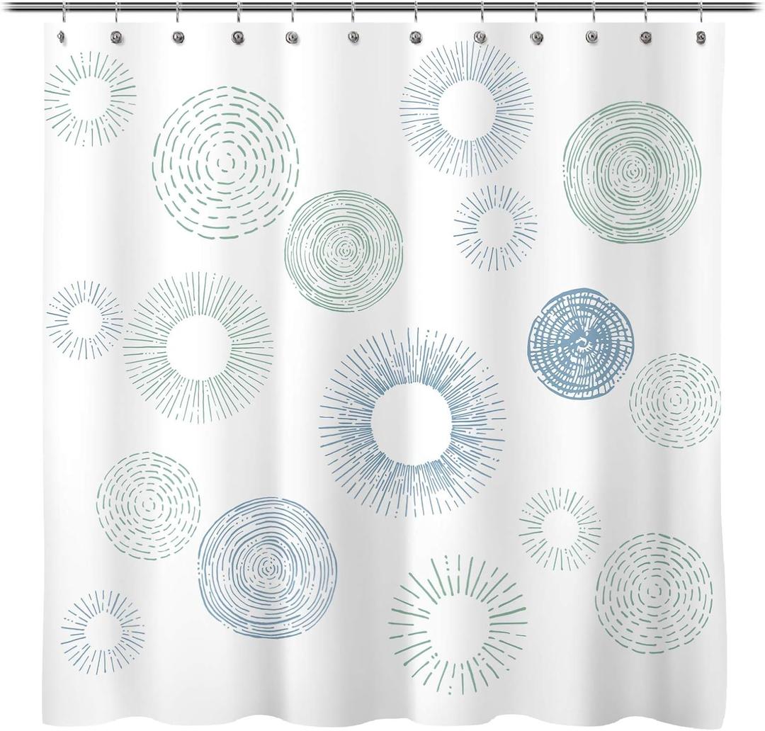 Sunlit Design Water Repellent Fabric Shower Curtain Light Blue Green Fireworks and Tree Modern Neat Printed Curtain White, 71"L x 71"W