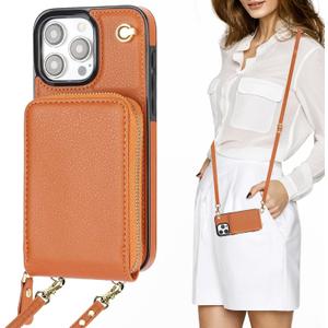 KIHUWEY Crossbody Wallet Case for iPhone 15 Pro Max, Zipper Pocket Case with Card Holder, PU Leather RFID Blocking Protective Cover with Kickstand and Detachable Wrist Strap Lanyard, 6.7" (Brown)