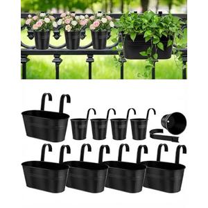 vensovo 10 Pcs Metal Railing Planters Set, 10.8" Oval & 3.9" Round Hanging Flower Pots with Detachable Hooks, Black Fence Planter Baskets for Outdoor Plants, Herbs & Succulents, Garden Decor