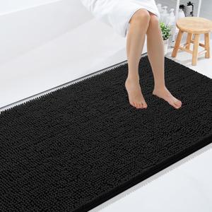 Smiry Luxury Chenille Bathroom Rugs 40x24, Extra Soft and Absorbent Shaggy Bath Mat, Machine Washable, Non-Slip Plush Carpet Runner for Tub, Shower, and Floor, Home Decor Accessories, Black