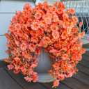 Fake Mums Artificial Fall Hanging Flowers for Outdoors Decoration, 2 PCS Fake Silk Morning Glory with Brown Eucalyptus UV Resistant Plants for Wall Home Porch Patio Balcony Yard Decor (Orange)