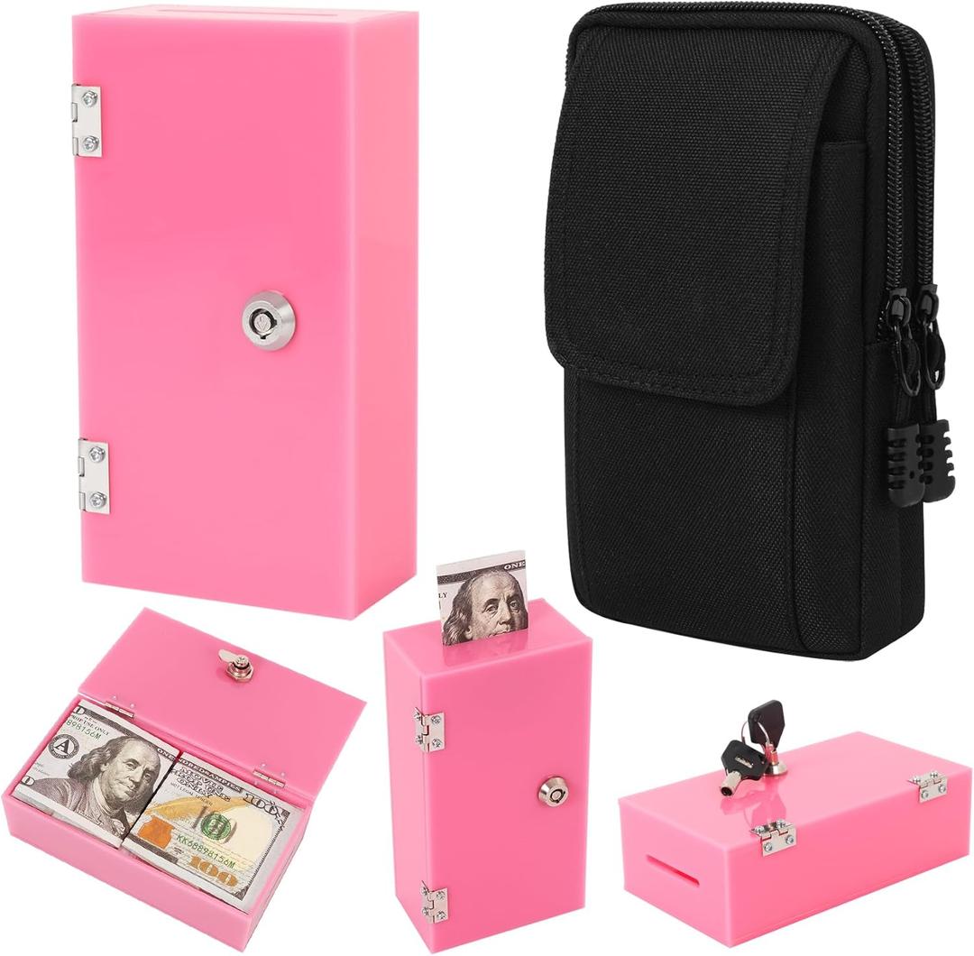 Extra Large Pink Acrylic Box Winners Bank with 2 Keys, Slot, Storage Waist Bag, Portable Casino Cash Money Lock Box Safe for Gamblers, 1Pack