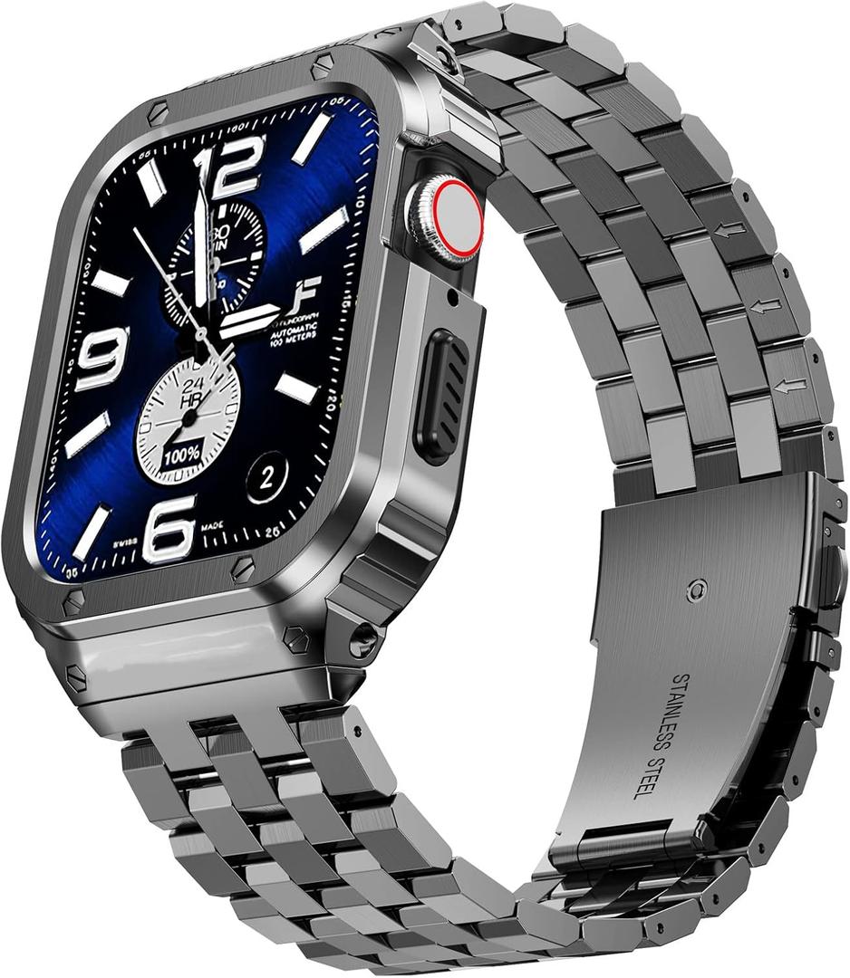 SUPLINK Stainless Steel Case with Band Compatible with Apple Watch Series 9 8 7 45mm Metal Rugged Protector Bumper Cover for iWatch Bands Men (Space Grey)