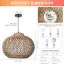 Arturesthome Boho Round Pendant Light,1-Light Rattan Chandelier Hand-Woven Wicker Pendant Light Coastal Beach Ceiling Hanging Light for Kitchen Island Living Room W 19.68"