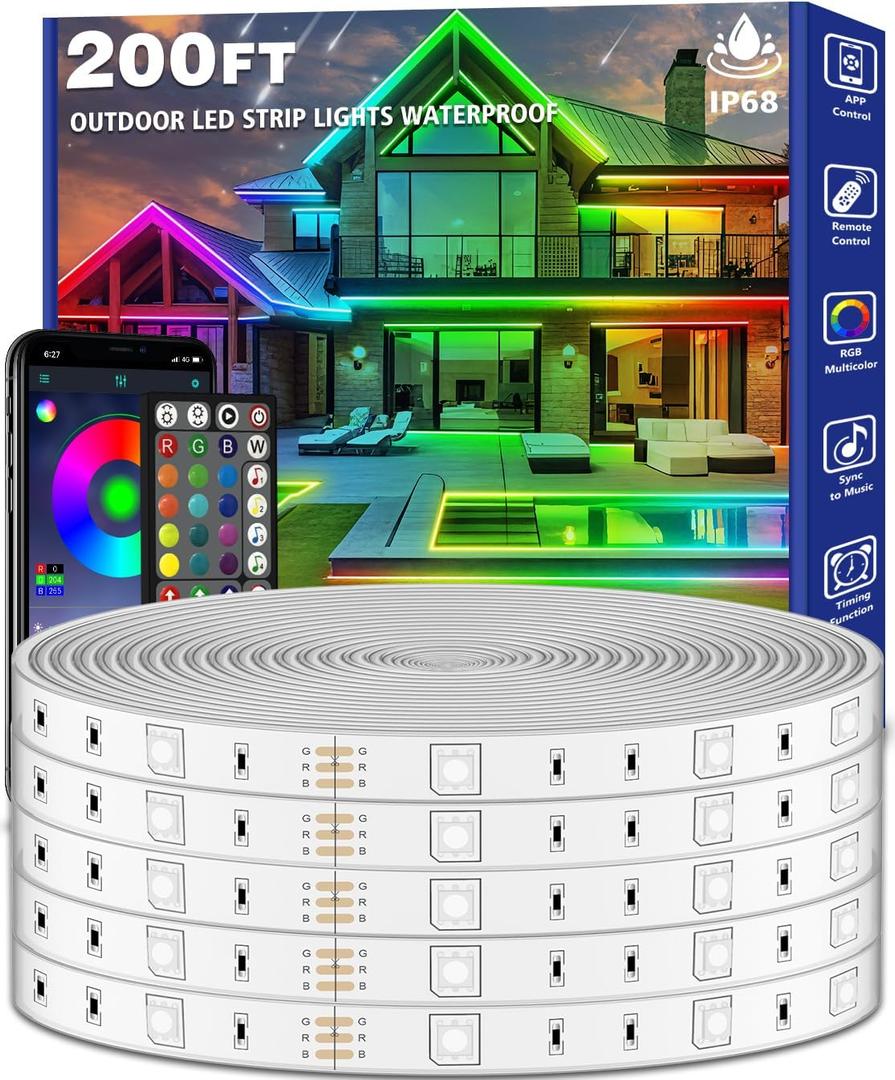 200ft Outdoor LED Strip Lights Waterproof,Music Sync RGB IP68 Outside Led Light Strips Waterproof with App and Remote,Exterior Led Rope Lights Waterproofs Decoration for Deck,Balcony,Garden,Pool