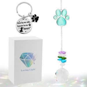Pet Memorial Suncatcher with Opal Paw Crystal Pendant | Loss of Dog Cat Sympathy Gift, Rainbow Maker Window Hanging Ornament for Bereaved Pet Owners