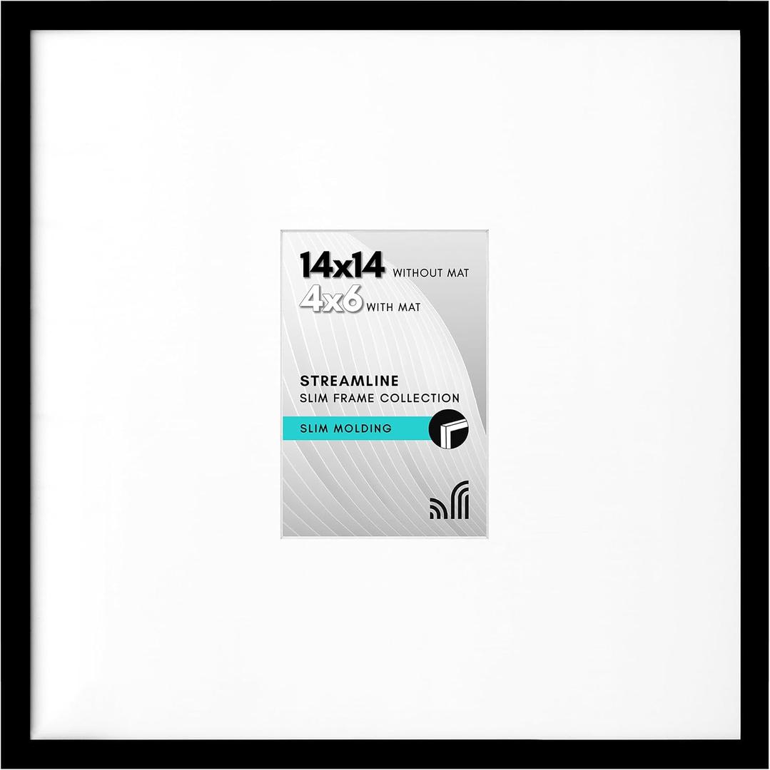 Americanflat 14x14 Picture Frame with Polished Plexiglass - Use as 4x6 Frame with Mat or Display 14x14 Photo Without Mat - Streamline Collection - Thin Border Square Frames for Wall Display - Black
