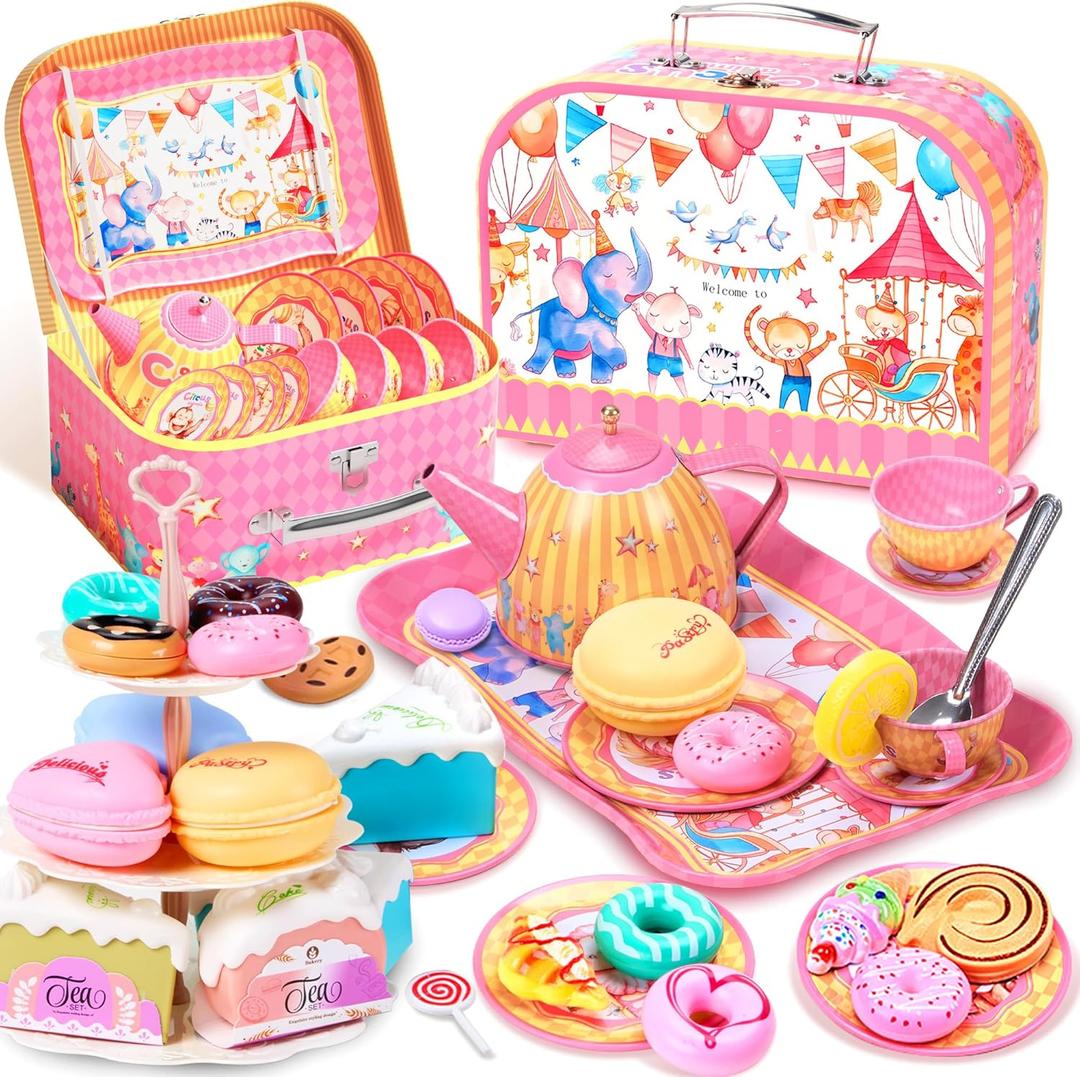 61Pcs Tea Party Set for Little Girls, Dreamland World Tea Set Toys Including Dessert, Cake Stand & Carrying Case, Kids Kitchen Pretend Play for 3 4 5 6 Year Old Girl Birthday Gifts