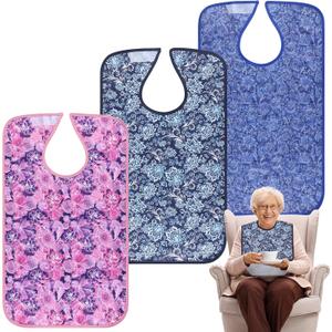 Adult Bibs - 3 Pcs Washable Clothing Protector with Crumb Catcher, Reusable Waterproof Large Feeding Adult BibButterfly