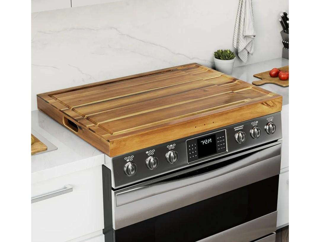BLUEWEST Noodle Board Stove Cover with Handles, 3 in 1 Wood Stove Top Covers Board for Gas Burners and Electric Stove, Wooden RV Stovetop Cover, Tray for Kitchen Counter Space (Warm Acacia)
