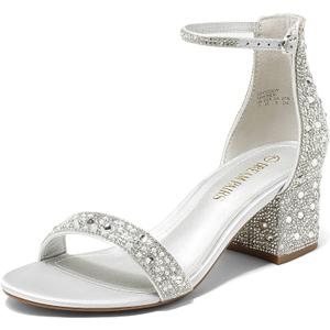DREAM PAIRS Womens Low-Chunk Low Heel Pump Sandal (9, Silver/Rhinestone)