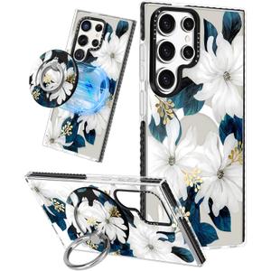 Lotadilo for Samsung Galaxy S24 Ultra Case for Women - Girls Cute Design Compatible with Magsafe Magnetic Ring Holder Stand Blue Flower Phone Covers Aesthetic Girly TPU Funda for S24 Ultra