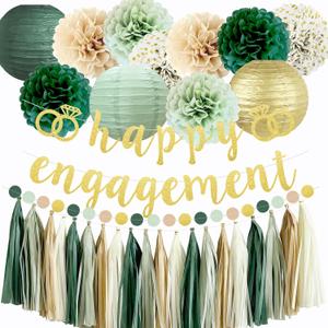 Engagement Party Decoration Set - Happy Banner, Sage Green Tissue Pom Poms, Paper Lanterns, Circle Dot Garland for Couple's Celebration and Bridal Shower