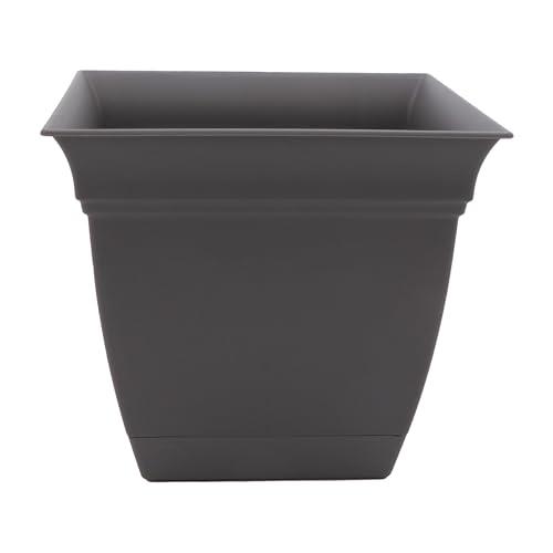The HC Companies Eclipse Square Plastic Planter w/ Attached Saucer - Outdoor & Indoor Plant Pot with Drainage Holes - Lightweight, UV-Resistant Plastic Pots For Plants (10" Warm Gray, Pack of 1)