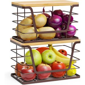 ALOCEO 2 Pack Stackable Wire Storage Basket with Bamboo Lip, Trash Bag Dispenser Under Sink for 4-13 Gal Bags, Kitchen Storage Bins for Potato and Onion, Brown
