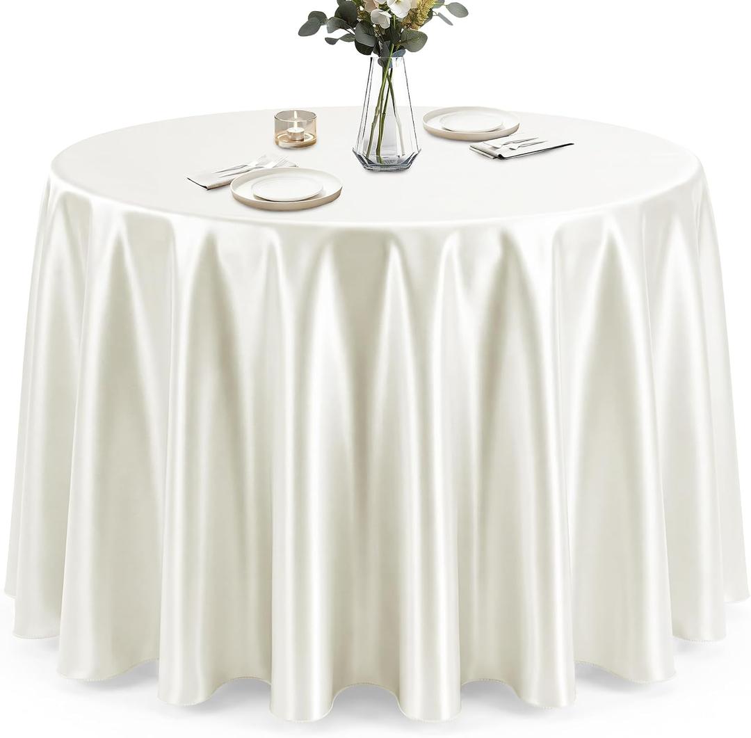 120 Inch Round Satin Tablecloth, Ivory Heavy-Duty Polyester Table Cover, Smooth Leak-Proof Tear-Resistant Finish for Wedding Reception Birthday Party Banquet Holiday Decor, Ivory 