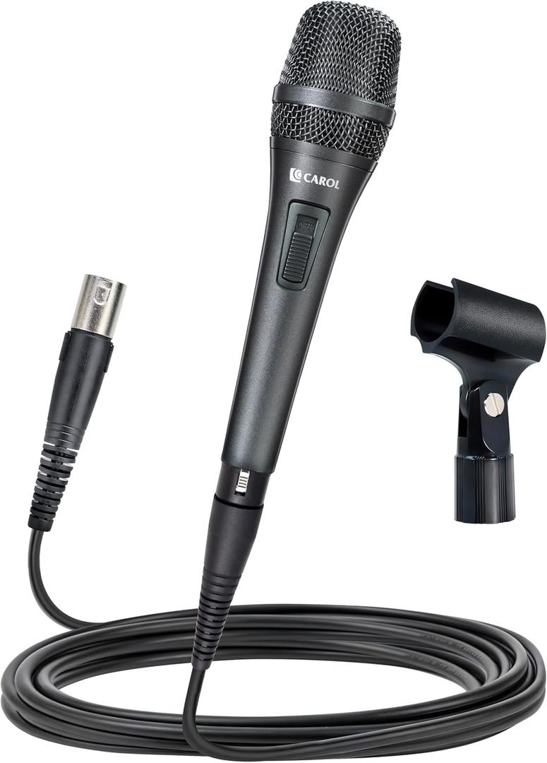 CAROL AC-910S XLR Wired Vocal Microphone  Dynamic Cardioid Mic with AHNC Dual-Engine Noise Cancelling Tech for Singing, Karaoke, Stage & Studio, Includes Mic Clip, 14.8ft XLR Cable & On/Off Switch (Gray)