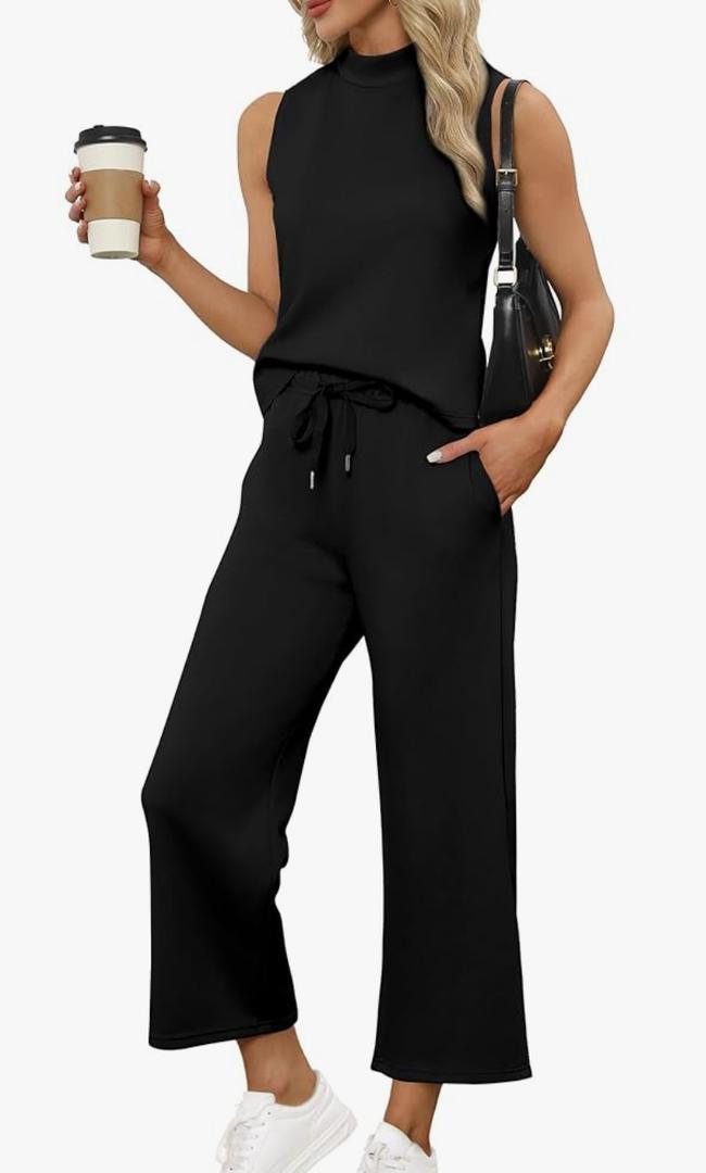 SAMPEEL Two Piece Sets for Women Summer Outfits Lounge Sets Mock Neck Tops Wide Leg Crop Pants Vacation Travel Outfits, XL