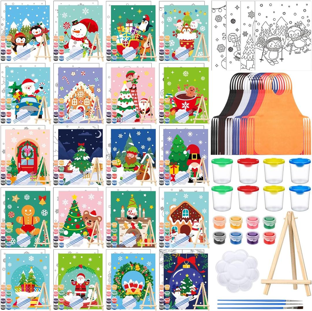 Sherr 140 Pcs 20 Set Pre Drawn Canvas Kit for Painting Craft Sip and Paint Kit for Adults Pre Printed Canvas Painting Favor for Virtual DIY Birthday Gifts Adult's Date Party(Christmas)