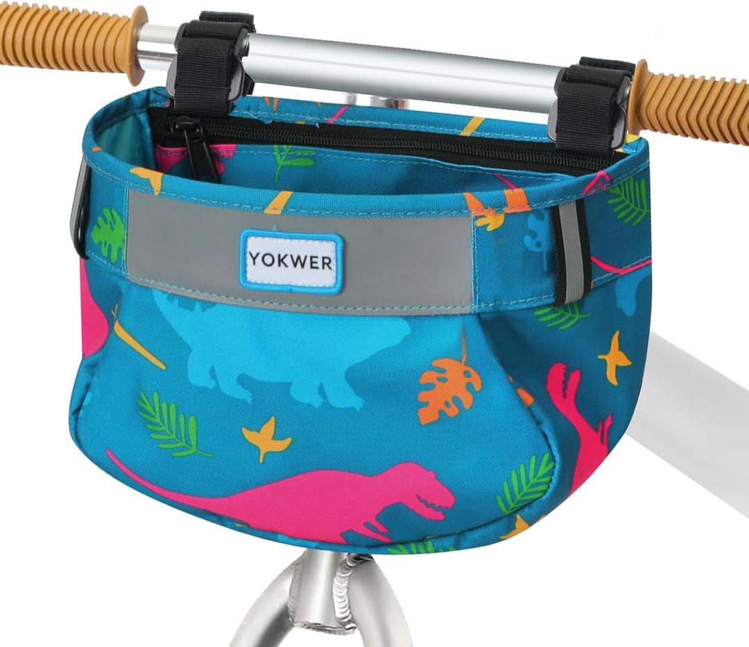 Kids Bike Basket Front for Boys Girls, Waterproof Bicycle Front Basket Handlebar Bag with Reflective Safety Straps, Easy to Install Kids Bike Scooter Accessories (Dinosaur)