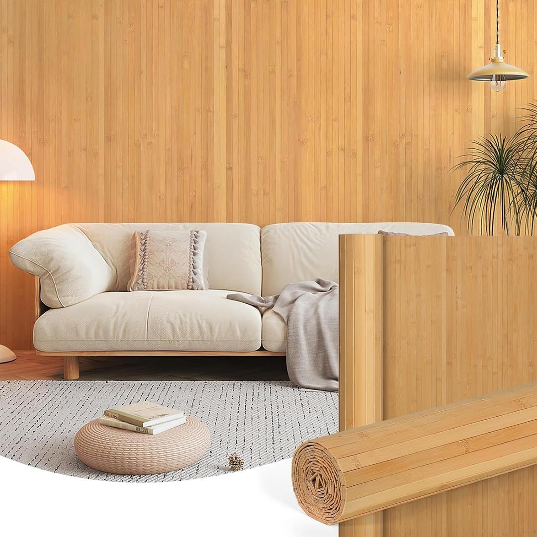 KELIXU Natural Bamboo Wall Panel 1 Pcs, 48" H x 96" W Pole Wrap Roll, DIY Home Decor Slat Bamboo Paneling, Interior Wainscoting Wall Cladding for Kitchen, Living Room, Office, Carbonized