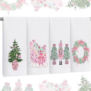 4 Pcs Chinoiserie Christmas Hand Towels for Kitchen Christmas Tree Wreath Nutcracker Sleigh Hand Towels Cute Soft Absorbent for Bathroom Kitchen Decor (Pink)