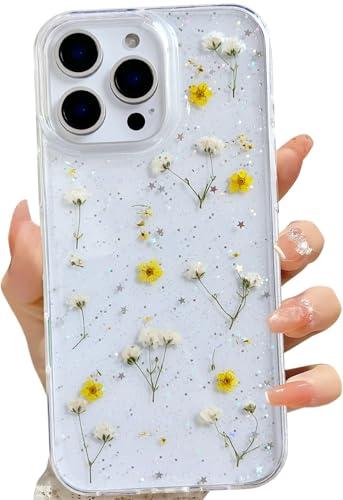 LSEEKA for iPhone 16 Pro Clear Case with Pressed Real Flowers Design,Glitter Cute Yellow Floral Pattern Slim Soft TPU Protective Women Girl's Phone Cover for iPhone 16 Pro