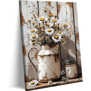 Farmhouse Flower Canvas Wall Art Vintage Plant Floral White Daisy Still Life Wall Deco Picture Rural Tin Can Watering Can Posters Print for Living Room Bedroom Bathroom Home Decoration, 24"L x 16"W