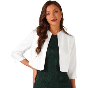 Allegra K Satin Cardigan for Women's Open Front Elegant Formal 3/4 Sleeve Bolero Shrug Jacket (White, XS)