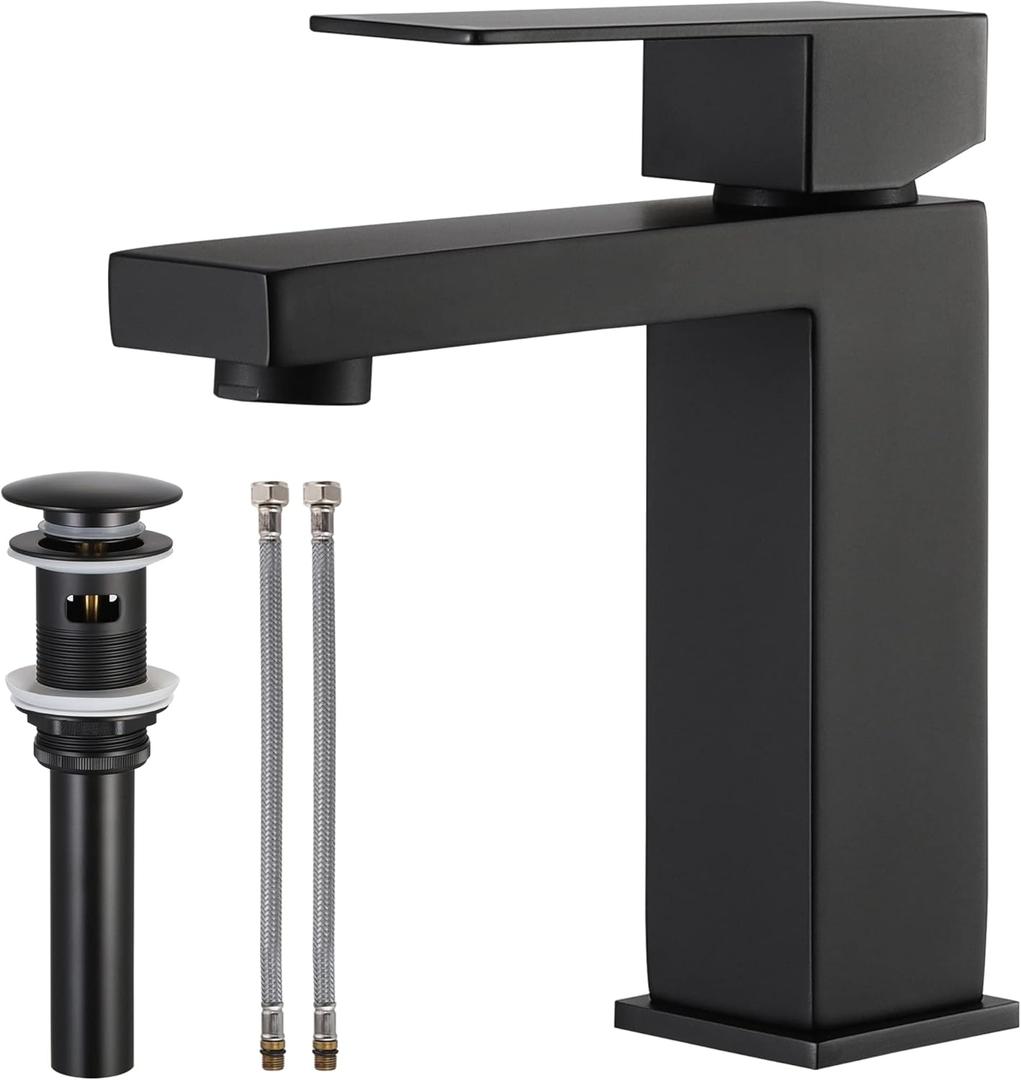 KES Black Bathroom Faucet & Bathroom Sink Drain with Overflow, cUPC Certified Vanity Single Hole Faucet with Pop Up Drain Stopper Rustproof Matte Black, L3156ALFF12-BK-C3
