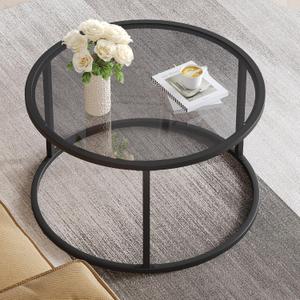 SAYGOER Round Coffee Table Glass Coffee Tables for Small Space Simple Modern Center Table for Living Room Home Office, Sofa Side Table with Metal Steel Frame, Easy Assembly, Gray Black (27.6 x 27.6 x 17.7 inches, Grey)