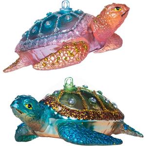 Set of 2 Hanging Sea Turtle Christmas Ornament, Hand Blown Resin Glass Sea Turtle Ornaments for Christmas Tree