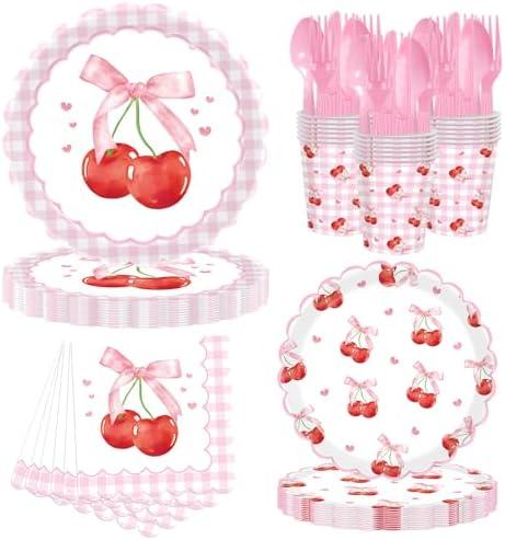 Cherry Birthday Decorations, 140Pcs Pink Bow Cherry Party Supplies Scalloped Bowknot Cherries Plates Napkins Cups Cutlery for Birthday Baby Bridal Shower Wedding Party Tableware, Serve 20