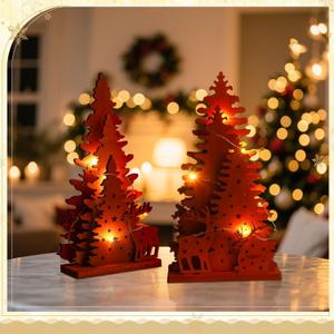 Capoda 2 Sets Wooden Christmas Tree Centerpieces Decor Light Christmas Table Sign LED Rustic Tree Elk Tabletop Decor Xmas Centerpieces for Table Home Indoor Decorations Winter Farmhouse Fireplace