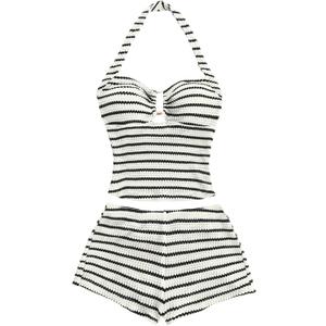 MakeMeChic Women's Summer 2 Piece Sets Striped Knit Halter Tank Tops Mini Shorts Set Beach Vacation Outfits Black White Large